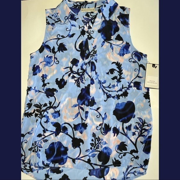💛 NWT Dana Buchman Blouse Blue Floral Button Down - Picture 1 of 5